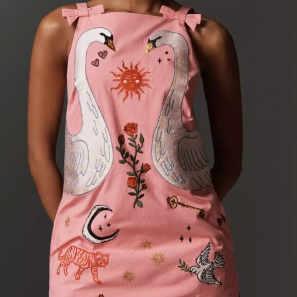 Maeve/Anthropologie: Pink Embroidered Mini Shift Dress - Picture 1 of 4